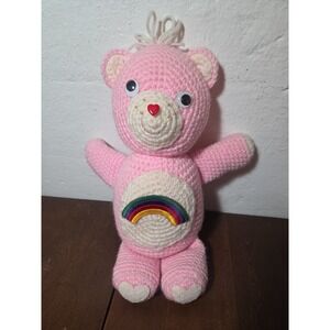 Handmade Vintage Carebear Pink With Rainbow 15" Crochet Teddy Bear Plush